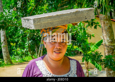 BALI, Indonesien - 5. April 2017: Frauen gehen in den Reisfeldern mit Korb auf dem Kopf in Ubud, Bali, Indonesien. Stockfoto