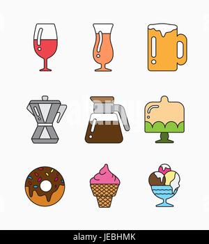 Bunte flache Icons mit Brille, Teekannen und Desserts. Satz von Essen Stock Vektor