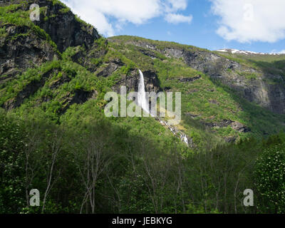 Rjoande Wasserfall in Flåm Tal gesehen von Flåmsbana Flåm Eisenbahn Zug Wasserfall Rjoandefossen Aurland Sogn Og Fjordane Grafschaft, Norwegen Stockfoto