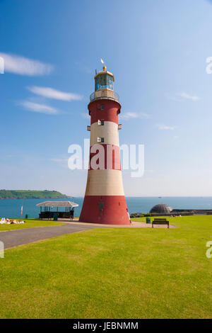 Der ehemalige Eddystone Leuchtturm, Smeatons Tower Leuchtturm und Plymouth Hacke zum goldenen Sonnenuntergang Stockfoto