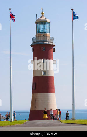 Der ehemalige Eddystone Leuchtturm, Smeatons Tower Leuchtturm und Plymouth Hacke zum goldenen Sonnenuntergang Stockfoto