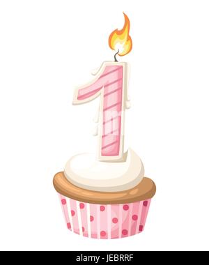 Glücklich erste Mädchen Geburtstagskarte mit Cupcake und Kerze in flachen Design-Stil, Vektor-illustration Stock Vektor