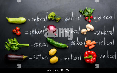 frisches Gemüse und Kalorien Tabelle isoliert auf schwarz, gesunden Lifestyle-Konzept Stockfoto