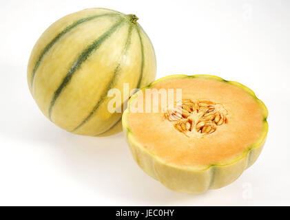 Gelbe Kanarische Honigmelonen, auch gelbe Honigmelone, Amarillo, Tendral Amarillo, Melone, Cucumis Melo, weißem Zucker, Stockfoto