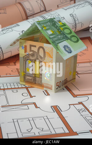 Der Bau von einem Haus Banknoten, Plan des Architekten, Bau, Bau von einem Haus Architektur, bauen, Layout, Plan, Plan, Shell, Modell, Modell, Immobilien, Architektur, Zeichnung, Abonnement, Symbol, Einfamilienhaus, Gebäude, Bau ein Haus, Haus kaufen, Shop, Plan des Architekten, Euro, Eurolight, Banknoten, Stockfoto