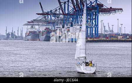 Deutschland, Hamburg, Övelgönne, Elbe, Hafen, Containerterminal, HHLA, Kai Burchard, Containerschiff, Segelboote, Stockfoto