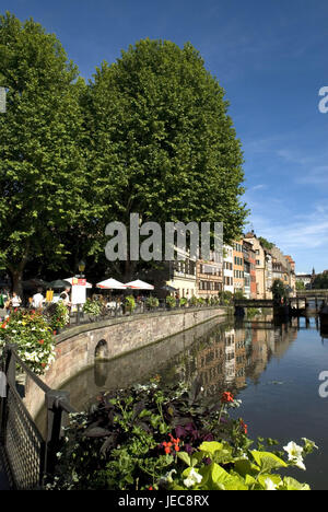 Frankreich, Elsass, Straßburg, Unterkunft De La Petite, Fluss Ill, Europa, Stadt, Ziel, Teil der Stadt, Häuser, Wohnhäuser, Terrasse, Bäume, Laubbäume, Straßencafé, Pflanzen, Blumen, Blüte, Sommer, sonnig, außen, Wasser, Stockfoto