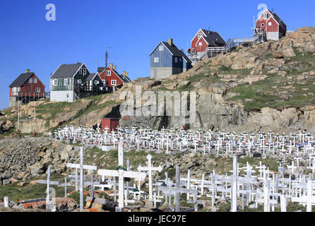 Grönland, Friedhof, Upernavik, Häuser, Galle-Küste Nord-West-Grönland, Küste, Küstenlandschaft, Gräber, Kreuze, glauben, Religion, Christentum, Tod, Hoffnung, Trauer, menschenleer, Felsen, Holzhäuser, Wohnhäuser, Stockfoto