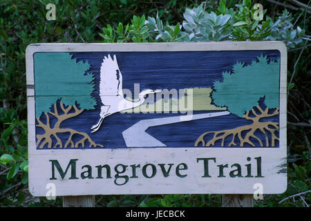 Mangrove Trail Zeichen, John Pennekamp Coral Reef State Park, Florida Stockfoto