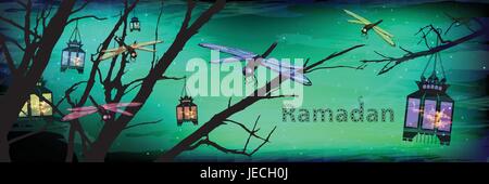 Ramadan Karem schöne Abbildung. Laternen und Schmetterlinge vor dem Hintergrund der Nacht Himmel grün, Smaragd Töne. Nacht der Magie. Vektor-fo Stock Vektor
