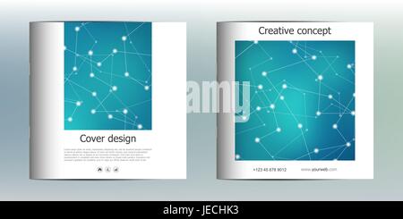 Quadratische Broschüre Vorlage mit Struktur der molekularen Teilchen und Atom. Polygonale abstrakten Hintergrund. Medizin, Naturwissenschaft und Technik-Konzept. Vektor-Illustration. Stock Vektor