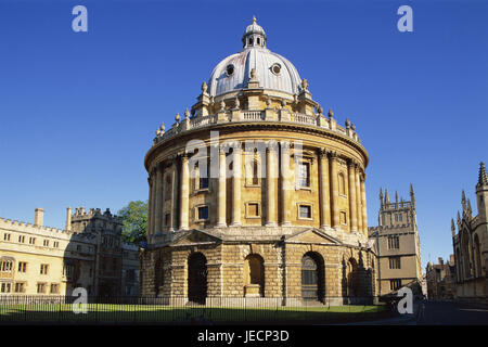 Großbritannien, England, Oxfordshire, Oxford, Radcliffe Camera, Bibliothek, Europa, Stadt, Universitätsstadt, Universität, Universität, Gebäude, Struktur, Architektur, historisch, Rotunde, draußen, menschenleer, Campus, Symbol, Studium, Ausbildung, lernen, wissen, Tradition, Stockfoto