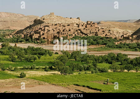 Marokko, Aït-Ben-Haddou, lokale Ansicht, Felder, Landschaft, Afrika, Nordafrika, Ort, Ksar, Häuser, mucky Bauweise, in der Regel in der Regel für Land, mucky Häuser, Architektur, mucky Architektur, Vegetation, vor Ort von Interesse, UNESCO-Weltkulturerbe, Reiseziel, Ansicht, Stockfoto