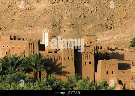 Marokko, Aït-Ben-Haddou, lokale Ansicht, mucky Häuser, Afrika, Nordafrika, Ort, Ksar, Häuser, mucky Bauweise, in der Regel in der Regel für Land, Architektur, mucky Architektur, Vegetation, Palmen, draußen, menschenleer, Ort von Interesse, UNESCO-Weltkulturerbe, Reiseziel, Turm, Minarett, Stockfoto