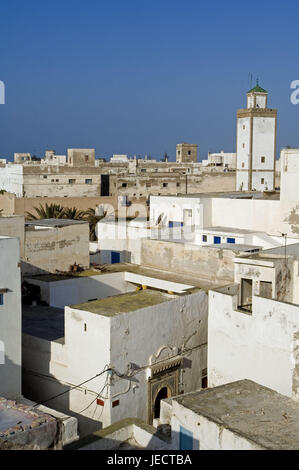 Essaouira, Marokko Stadt anzeigen, Medina, Afrika, Stadt, Hafen, Fischerdorf, Tourismus, Reiseziel, Sehenswürdigkeit, Architektur, Altstadt, historisch, UNESCO-Weltkulturerbe, draußen, menschenleer, Gebäude, Häuser, Turm, Stockfoto