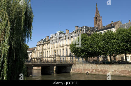 Frankreich, Elsass, Straßburg, Pont Sainte Madeleine, Schloss von Adelsgeschlechtern, Kathedrale, Flussmittel krank Europa, Stadt, Ort von Interesse, Gebäude, Architektur, Schloss, Schloss Gebäude, Kirche, Kirchturm, Brücke, Fluss, Bäume, draußen, menschenleer, Stockfoto