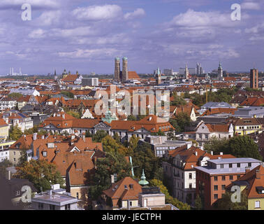 Deutschland, Bayern, München, Altstadt, Kirche unserer lieben Frau, Luftaufnahmen, keinen Besitz loslassen, Stadt, Stadtübersicht, Gebäude, Häuser, Kirche, Türme, Doppel-Türme, Sehenswürdigkeiten, Sehenswürdigkeit, Tourismus, Stockfoto