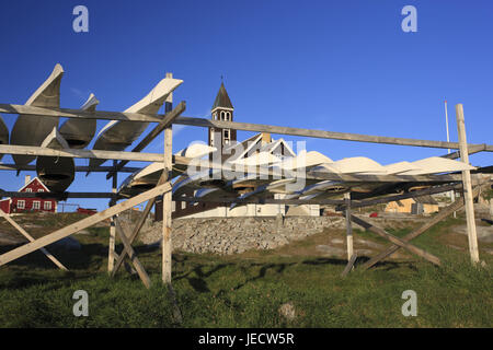 Grönland, Disko-Bucht, Ilulissat, Kajaks, Montage, Kirche, detail, Westgrönland, Küste, Küste, draußen, menschenleer, die Arktis, Gerät, Boote, Kirche, Heilige Bau, Haus, Turm, Architektur, Stockfoto