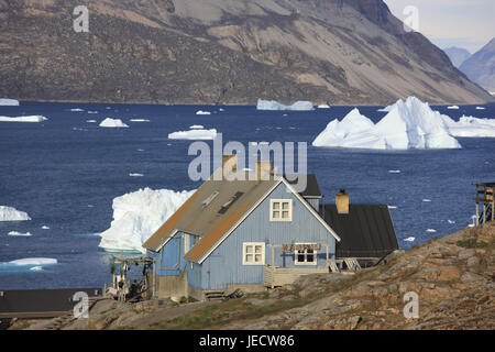 Grönland, Uummannaq, Fjord, Eisberge, Galle Küste, Holzhäuser, Nordgrönland, Destination, Landschaft, Meer, der Arktis, Eis, Gletschereis, Float, Küstenlandschaft, Häuser, Wohnhäuser, Küste, draußen, menschenleer, Siedlung, Stockfoto