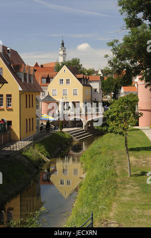 Deutschland, Bayern, verwunschen, Stadtbild, kleinen Wörnitz, Brücke, Altstadt, Schilf, Stockfoto