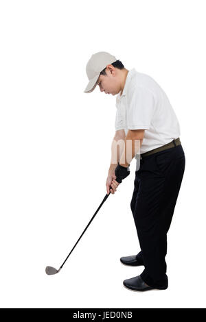 Asiatische chinesische männlichen Golfer posiert mit Golf Club in isolierten weißen Hintergrund. Stockfoto
