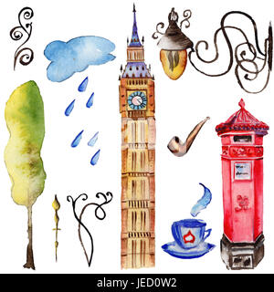 Aquarell London Abbildung. Great Britain hand gezeichnete Symbole. Big Ben. Stockfoto
