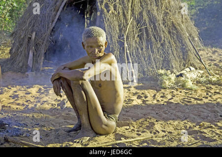 Namibia, Kalahari, Bushman Land, Buschmann Siedlung, Grashoek, grass Stahlwerk, Buschmann, Sand, Sit, kein Model-Release Stockfoto