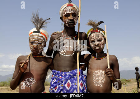 Drei jungen, Stamm Arbore, Körper Malerei, traditionell, Omotal, Äthiopien, Stockfoto