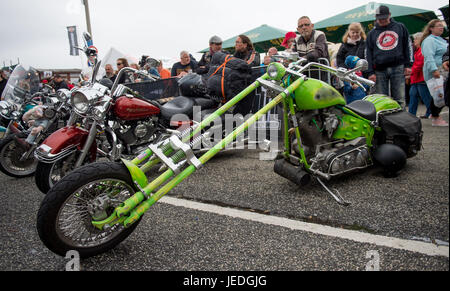 Hamburg, Deutschland. 24. Juni 2017. Besucher betrachten die Motorräder auf dem Display auf den Harley Days Festival in Hamburg, Deutschland, 24. Juni 2017. Foto: Axel Heimken/Dpa/Alamy Live News Stockfoto