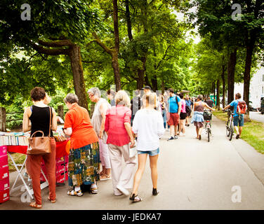 München, Deutschland. 24. Juni 2017. Buch-Flohmarkt mit schönen warmen Wetter an der Uferpromenade der Isar in München Zentrum: gebrauchte Bücher zu lesen, stöbern und kaufen unter den Bäumen mit einem Rive-gauche-wie charmante Gefühl Credit: Luisa Fumi/Alamy Live News Stockfoto