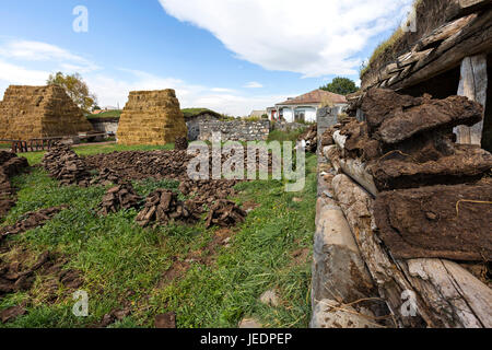 Heuhaufen und landwirtschaftliche Szene im Dorf Bokdajeni, Georgien, Kaukasus. Stockfoto