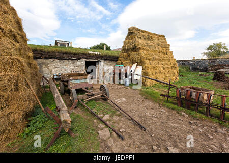 Heuhaufen und landwirtschaftliche Szene im Dorf Bokdajeni, Georgien, Kaukasus. Stockfoto