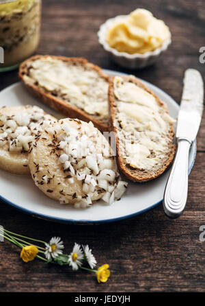 Traditionelle hessische "Handkäs Mit Musik", regionale Spezialität mit einem stark riechenden Käse, Essig, Öl, Zwiebeln und Kümmel Stockfoto