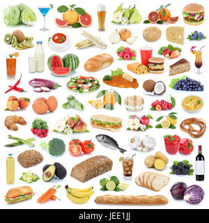 Essen Sammlung gesunde Essen Obst und Gemüse Obst Getränke isoliert auf weißem Hintergrund Stockfoto