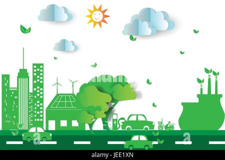 Grüne Stadt mit Eco-Konzept-Elementen. Vektor-illustration Stock Vektor
