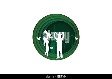 Scherenschnitt-Stil der Familie Spaß spielen in der grünen Stadt, Ökologie Konzeptidee, Vektorgrafiken und Illustration. Stock Vektor