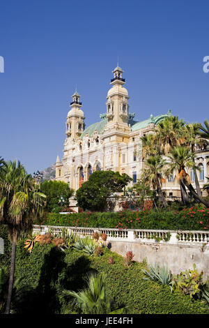 Monaco, Monte Carlo, Oper, Park, das Mittelmeer, Fürstentum, Oper, außerhalb, Ort von Interesse, Reiseziel, Tourismus, Park, Pflanzen, Sträucher, Palmen, Bäume, Gebäude, Architektur Stockfoto