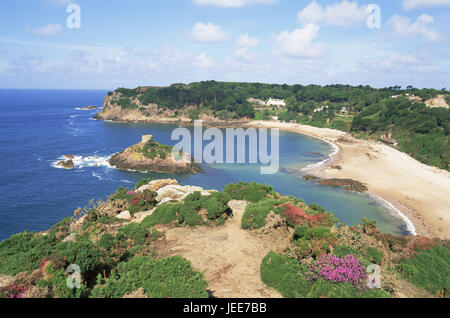 Großbritannien, den Kanalinseln, Insel Jersey, St. Ouen Bay, Küstenlandschaft, Europa, Bucht, Küste, Meer, Strand, Sandstrand, Reiseziel, Ansicht, Himmel, Wolken, Vegetation, Wildblumen, menschenleer, im Außenbereich Stockfoto