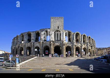 Frankreich, Arles, römische Amphitheater, Fassade, Provence, Struktur, Aufbau, Arena, historisch, antik, Architektur, UNESCO-Weltkulturerbe, außerhalb, Ort von Interesse, Tourismus, Destination, Stockfoto