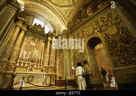 Insel Malta, Valletta, St. Johns Co-Kathedrale, Seitenkapelle, Reliefs, Besucher, maltesischen Inseln, Insel im Mittelmeer, Küste, Kapital, Altstadt, UNESCO-Weltkulturerbe, Kirche, Heilige Bau, St. Johannes Kathedrale, baut in 1573-1577, Malteser-Ritter Aufträge, historisch, Architektur, Architektur, Band, Seite Altar, Vorschlagsnoten, prächtig, strukturieren Personen, Sehenswürdigkeit, innen anzeigen, innen, Stockfoto