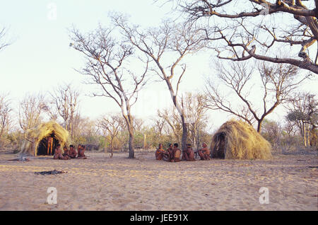 Namibia, Kalahari, Grashoek, Rasen Stahlwerke, Familie, kein Model-Release, Afrika, Südafrika, Ziel, Ort von Interesse, afrikanisch, einheimischen, Buschmänner, Stahlwerke, Buschmänner, San, Abend, Bäume, Menschen, im Außenbereich Stockfoto