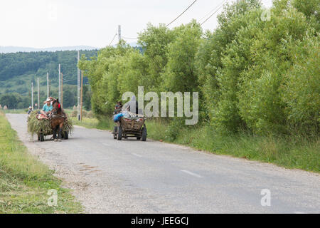 Zwei Pferdewagen kreuzen sich in einer Straße in den Maramures Region Stockfoto