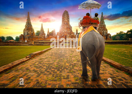 Touristen mit Elefanten im Wat Chaiwatthanaram Tempel in Ayutthaya Historical Park, ein UNESCO-Weltkulturerbe Stockfoto