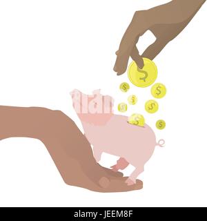 Geld-Strumpf-Konzept. Hand mit Sparschwein und Münzen. Vektor-Illustration für Ihr Design. Auf weißem Hintergrund. Stock Vektor