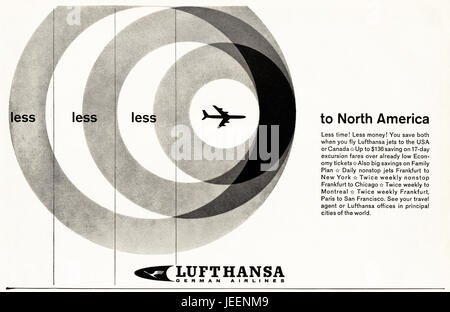 1960er Jahre Werbung Werbung Lufthansa German Airlines Flüge nach Nordamerika im Magazin vom 5. Dezember 1960 Stockfoto