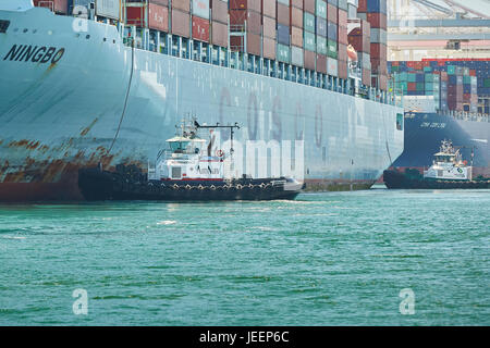 Das riesige COSCO Ningbo Containerschiff orientiert sich in Liegeplatz J270 am Pier J durch ein paar von Traktor Schlepper am Containerterminal Long Beach, Los Angeles. Stockfoto