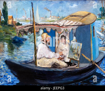 Monet Gemälde auf seinem Studio Boot von Edouard Manet (1832-1883). Porträt des französischen Impressionisten Claude Monet von Edouard Manet, 1874. Stockfoto