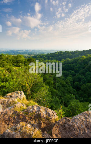 Sommerabend Blick über Ebbor Gorge National Nature Reserve in den Mendip Hills, Somerset, England. Stockfoto