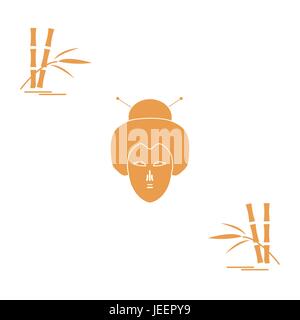 Stilisierte Ikone der japanischen Frau Gesicht und Bambus. Reisen und Freizeit. Design für Banner, Poster oder Druck. Stock Vektor