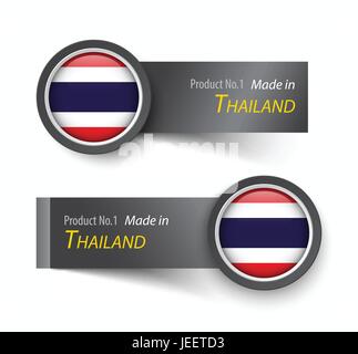 Flaggensymbol und Labels mit Text, hergestellt in Thailand. Stock Vektor